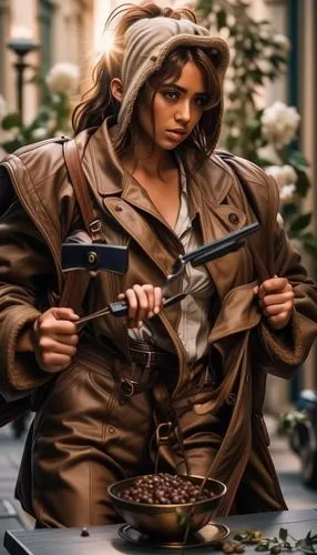 girl with gun,girl with a gun,woman holding gun,chasseur,huntress,katniss,trench coat,assassin,warsaw uprising,girl in a historic way,cosplay image,gamekeeper,rifle,armed,lara,free fire,ww2,mercenary,kalashnikov,ammo