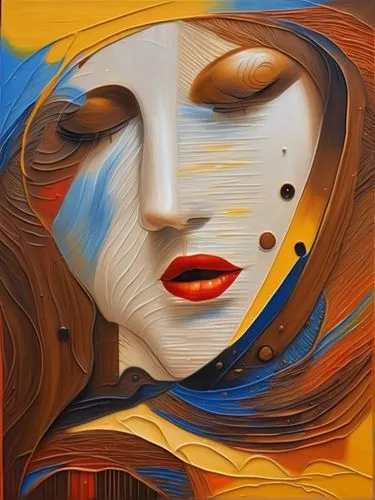 oil painting with yellow, orange, brown, while lines,, flow pattern, red lips, blue  eyes, river hairs, presenting dark and bright sides,woman's face,woman face,oil painting on canvas,woman thinking,g