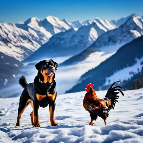 In the heart of the snowy mountains, a fierce battle has just ended. The Rottweiler, towering over the defeated rooster (ayam jago), stands victorious with its muscles still tense, eyes locked on the 