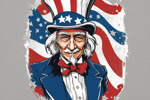 Design a humorous 4th of July t-shirt with a funny Uncle Sam illustration,uncle sam,uncle sam hat,caricaturist,george washington,flag day (usa),thomas jefferson,american,patriotism,usa old timer,ameri