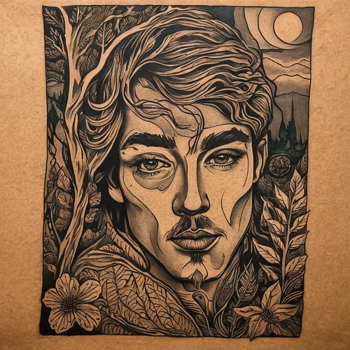 woodcut,forest man,leaf drawing,virgo,kraft paper,face portrait,gold foil art,zodiac sign libra,zodiac sign leo,pen drawing,wood elf,zodiac sign gemini,henna frame,girl with tree,girl in a wreath,handdrawn,woodblock prints,vintage drawing,on wood,boho art,Art,Artistic Painting,Artistic Painting 07