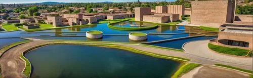 vista aerea de ciudad y sus calles , con casas, edificios, areas verdes, un lago, calles, una glorieta,samarkand,wastewater treatment,alhambra,autostadt wolfsburg,lake santa fe,unesco world heritage,c