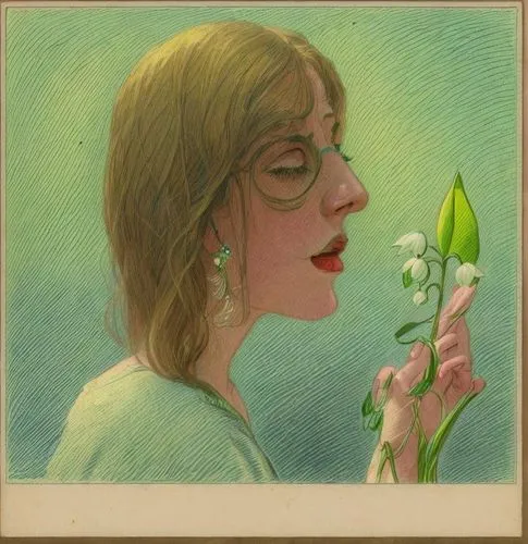 colored pencil of a woman smeling a lily of the valley,lilly of the valley,lily of the field,lily of the valley,girl picking flowers,lilies of the valley,scent of jasmine,vintage french postcard,girl 