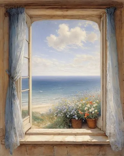 window with sea view,landscape with sea,open window,bedroom window,window,the window,window to the world,french windows,window seat,bay window,sea landscape,windowsill,sicily window,window curtain,sash window,coastal landscape,window sill,window view,sea view,window with shutters,Art,Classical Oil Painting,Classical Oil Painting 13