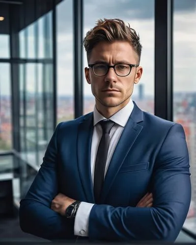 Software architect, male, 35-40yo, messy short hair, black framed glasses, white shirt, black tie, dark blue suit, standing, hands behind back, confident facial expression, modern office interior, gla