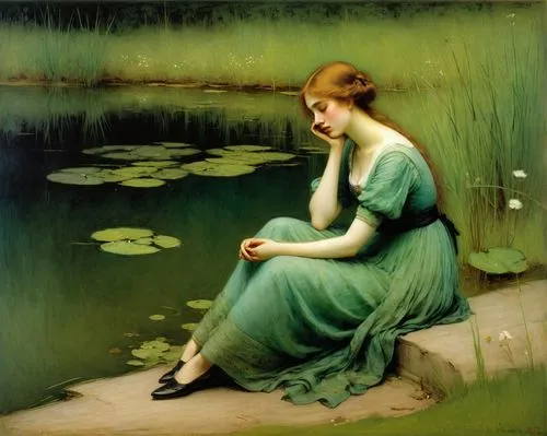 waterhouse,margetts,girl on the river,girl in the garden,margetson,woman at the well,Art,Classical Oil Painting,Classical Oil Painting 44