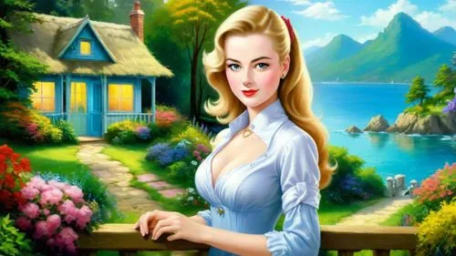 Romantic masterpiece painting, cute girl portrait, picturesque vacation seaside cottage, beautiful botanical garden, nostalgic scenery, by Bob Ross, by Thomas Kinkade,landscape background,cartoon vide