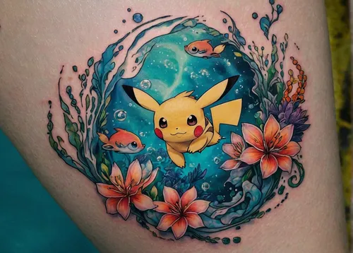 Bring to life a serene, ethereal Pokemon tattoo underwater.,pikachu,pokémon,pokemon,pika,tattoo artist,flower animal,tattoo,pixaba,forearm,lotus tattoo,stitch,body art,pokemon go,hand-painted,navi,for