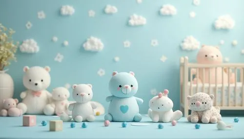 Baby blue, pastel tone, soft, calming, gentle, nursery rhyme atmosphere, cute cartoon characters, toys scattered around, stuffed animals, baby blocks, pacifier, onesie, crib, nursery decoration, flora