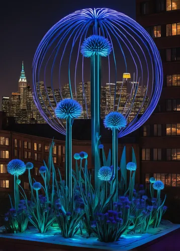 giant allium,landscape lighting,balloon flower,giant water lily,blue mushroom,garden sculpture,skyflower,night-blooming cactus,allium giganteum,moonlight cactus,globe flower,decorative fountains,roof garden,blue lamp,bioluminescence,blue anemone,mushroom landscape,aquarium lighting,plasma lamp,environmental art,Illustration,Vector,Vector 12