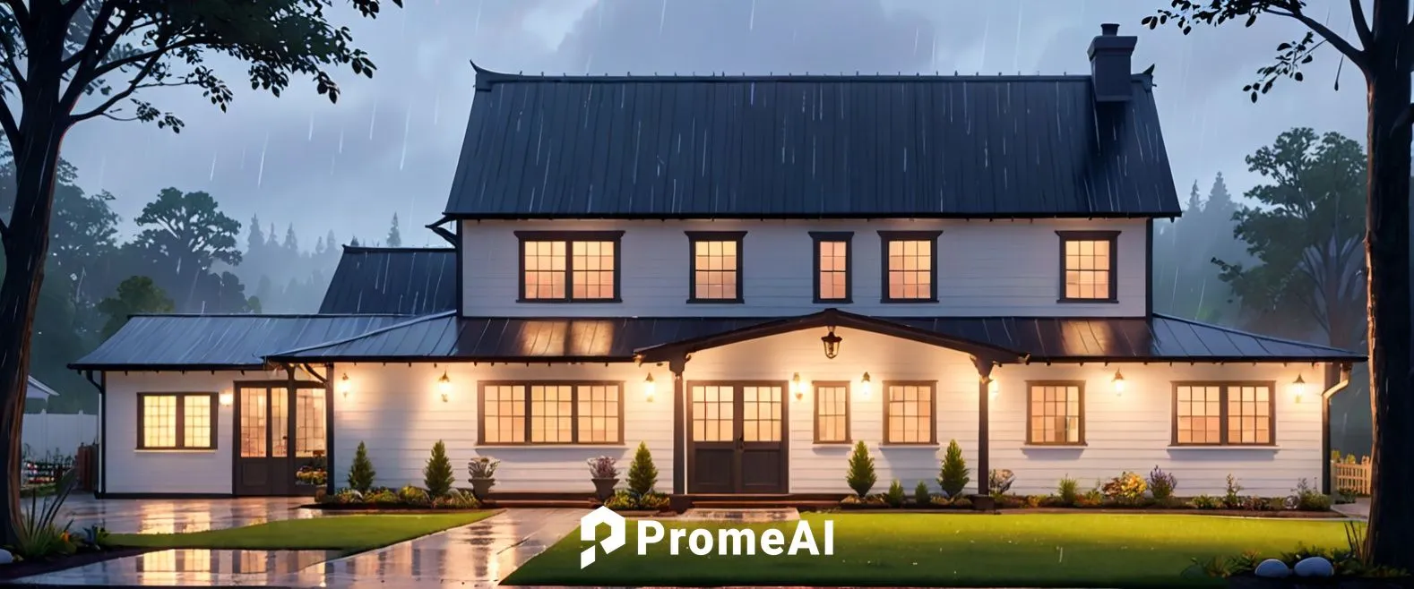 this is an image of a modern home with a rain storm,3d rendering,houses clipart,dreamhouse,beautiful home,victorian house,townhomes,Anime,Anime,Cartoon