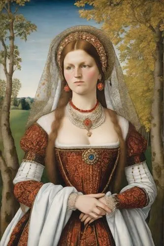 portrait of a noble woman, painting <class> Lucas Cranach the Elder “Judith” | on the head is a richly decorated and large wide-brimmed, horizontally asymmetrical red-brown headdress with slits and wh