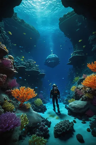 underwater scene, subnautica game, diver character, collecting magnetite, rocky seabed, deep ocean, bioluminescent flora, volcanic area, thermal vents, dark blue water, ambient light, first-person per