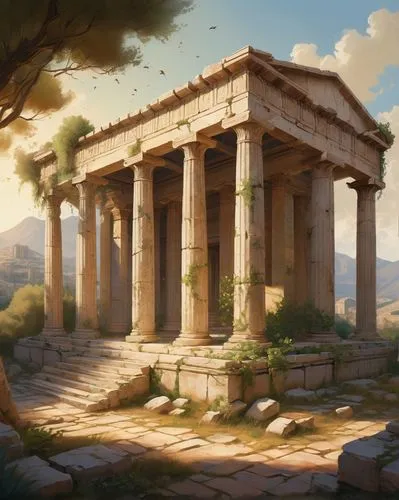 Ancient Greek temple, Doric order, stone columns, fluted drums, capital with scrolls, pediment with metopes, triglyphs, frieze with bas-relief, marble material, weathered texture, ruined structure, ov