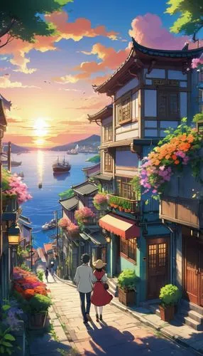 ghibli,kazoku,izakaya,studio ghibli,yamashiro,japanese sakura background,japan landscape,kyoto,tanabata,japanese background,summer evening,butka,beautiful japan,sakura background,rikkyo,ichigaya,matsuri,nakama,kotoko,fishing village,Illustration,Japanese style,Japanese Style 03