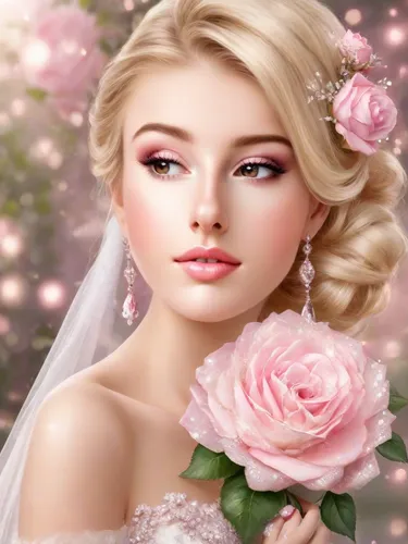 Extremely beautiful blonde bride, wearing her hair in an updo, feminine, holding a single pink rose. Sparkles. Outdoor. Photorealistic.,bridal clothing,bridal jewelry,romantic rose,bridal,romantic loo