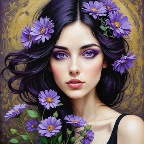 beautiful girl with flowers,violet flowers,girl in flowers,purple flowers,purple daisy,violeta,Art,Artistic Painting,Artistic Painting 49