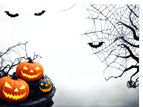 Halloween theme, ornate border, transparent background, spooky atmosphere, black and orange colors, curved lines, intricate patterns, glowing eyes, spider webs, bats flying, jack-o'-lantern, creepy cr