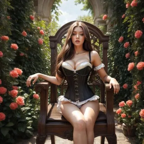 corset,corsets,corsetry,bustier,duchesse,ivy,dirndl,jiyeon,sitting on a chair,yura,corseted,asian woman,bommel,sirotka,hyori,in the garden,garden swing,melons,kunis,jiyun