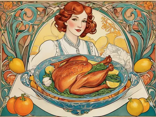 thanksgiving background,mucha,happy thanksgiving,vintage illustration,save a turkey,domesticated turkey,cornucopia,thanksgiving turkey,placemat,thanksgiving,plate,art nouveau design,cooking book cover,turkey meat,art nouveau,capon,red hen,turkey dinner,thanksgiving veggies,thanksgiving dinner,Illustration,Retro,Retro 08