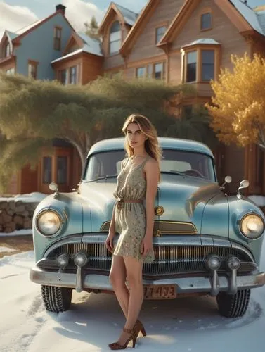 a woman that is standing in front of an old car,woman posing in front of an old blue car,girl and car,50's style,bonneville,countrywoman,fairlane,aronde,Photography,General,Realistic