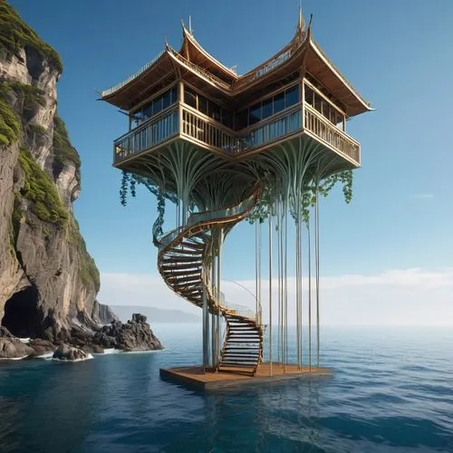 seasteading,island suspended,stilt house,lifeguard tower,floating island,tree house hotel,cube stilt houses,water stairs,floating islands,yamatai,house of the sea,asian architecture,floating huts,tropical house,observation tower,kunplome,tree house,cubic house,flying island,stiltsville,Photography,General,Realistic