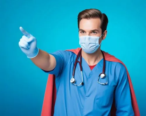 super man doctor,a doctor in a mask and cape pointing to the side,docteur,male nurse,healthcare professional,anesthetist,doctorandus,doctor