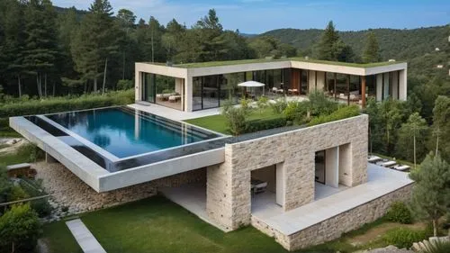 villa in mountain, stone walls, infinity pool with terrace, villa, infinity ppol, minimalstic lines, aligned, concrete, travertino, warm spirit, mountain stone, wooden terrace, pine trees, travertino 