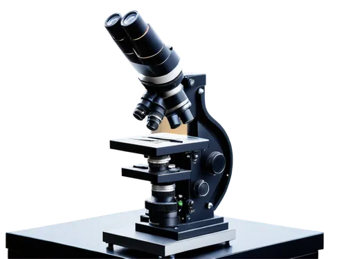 Microscope, scientific equipment, laboratory setting, metal body, lenses, knobs, stage clips, LED light source, high-contrast image, shallow depth of field, detailed textures, realistic reflection, 45