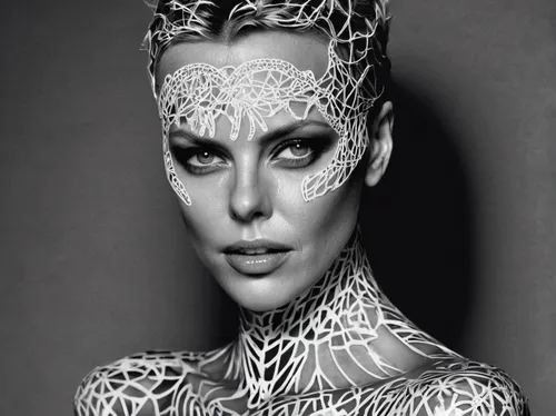 queen cage,queen,bodypaint,filigree,silver octopus,applause,queen of the night,diamond drawn,body painting,jeweled,hedwig,queen s,charlize theron,body art,fantasy woman,aging icon,bodypainting,embellished,art model,the enchantress,Illustration,Black and White,Black and White 11