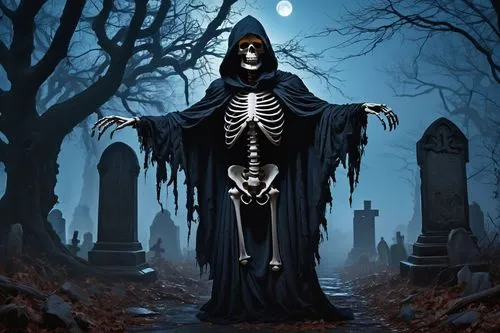 dance of death,grim reaper,grimm reaper,danse macabre,life after death,memento mori,angel of death,vanitas,death god,hathseput mortuary,skeletal,tombstones,sepulchre,grave stones,burial ground,skeletons,mortuary temple,halloween background,skeleltt,reaper,Illustration,Realistic Fantasy,Realistic Fantasy 28