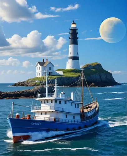 a fishing ship passed by the lighthouse, the lighthouse has black stripe and  top,an old fashioned boat on the water near a lighthouse,lightship,lightvessel,lightships,schoolship,lightkeeper,sea fanta