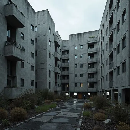 Fortified concrete buildings, rugged textures, monumental scale, geometric forms, raw unfinished surfaces, fortress-like structures, urban renewal, brutalist philosophy, functional minimalism, exposed