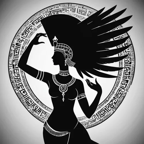 ancient egyptian girl,aztec,assyrian,cleopatra,art deco woman,horus,pharaonic,woman silhouette,warrior woman,zoroastrian novruz,aztecs,headdress,esoteric symbol,nataraja,female silhouette,hieroglyph,female symbol,silhouette dancer,ancient egyptian,asoka chakra,Illustration,Black and White,Black and White 33