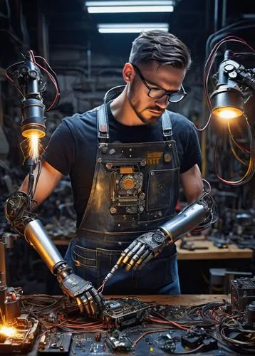 Robot maker, workshop, male engineer, 30s, bespectacled, short hair, worn jeans, black leather apron, welding torch, metal scraps, circuit boards, wires, robotic arms, LED lights, futuristic, industri