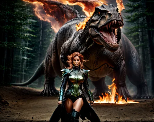 a huge t-rex being hunted by a beautiful huntress with flame for hair shooing lighting bolt from hands,digital compositing,dragon of earth,heroic fantasy,dragon slayer,firestar,super heroine,fantasy p