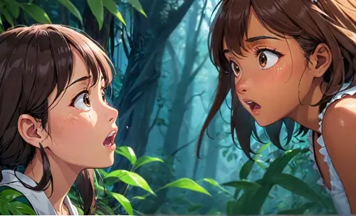 girl and boy outdoor,anime cartoon,honmei choco,two girls,in the forest,my neighbor totoro,studio ghibli,anime 3d,the girl's face,encounter,forest background,fairies,euphonium,game illustration,girl kiss,children girls,background images,garden of eden,chestnut forest,forest clover