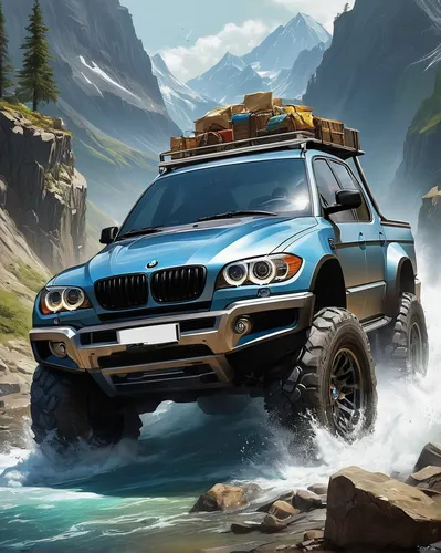 Describe a thrilling adventure where a group of friends embarks on a treasure hunt, using a BMW pickup truck to navigate rough terrains.,bmw x3,bmw x1,bmw x5,adventure sports,adventure racing,bmw x5 (