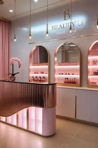 well-stocked luxury makeup store interior of beauty salon pleasant atmosphere excellent luxury lighting delicious aroma in it counters with shadows and makeup, mirrors with lights and hairdressing cha