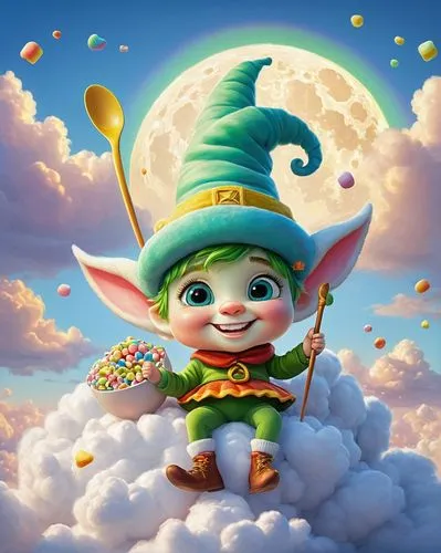 elves flight,leprechaun,scandia gnome,candy cauldron,baby elf,elf,pot of gold background,shamrock balloon,gnome skiing,gnome,irish balloon,pinocchio,fairies aloft,elves,child fairy,scandia gnomes,fairy tale character,lucky charm,candy boy,children's background,Conceptual Art,Oil color,Oil Color 05