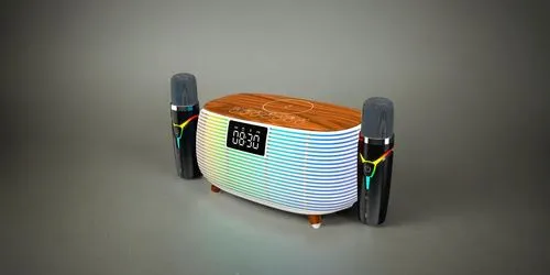 a couple of speakers that are on some kind of table,portable radio,smarttoaster,digital bi-amp powered loudspeaker,tube radio,radiophone,bejbl