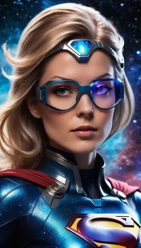 SUPERGIRL WEARING SUPER GLASSES,an adult wearing glasses looking into the distance with superman comics in the background,kara,supergirl,supera,kryptonian,super woman,super heroine,Conceptual Art,Sci-