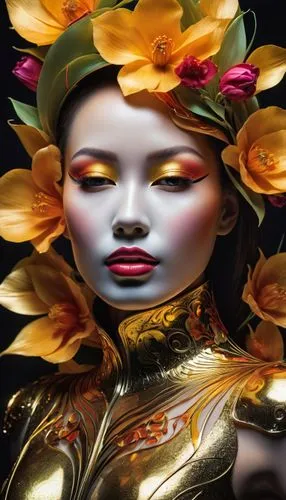 geisha girl,oiran,geisha,diwata,tretchikoff,golden lotus flowers,oriental painting,oshun,derivable,world digital painting,oriental princess,guanyin,geishas,body painting,concubine,flame flower,bodypainting,flower painting,oriental girl,baoshun