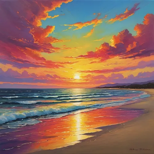 Paint a serene beach sunset with vibrant colors.,beach landscape,sunset beach,seascape,sunrise beach,coast sunset,sea landscape,coastal landscape,beach scenery,oil painting on canvas,dream beach,oil p