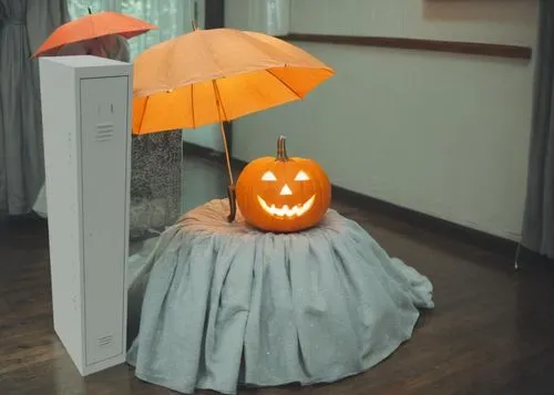 an umbrella and a pumpkin placed on top of a skirt,halloween travel trailer,halloween decor,paper umbrella,halloween decoration,pumbedita,crinoline