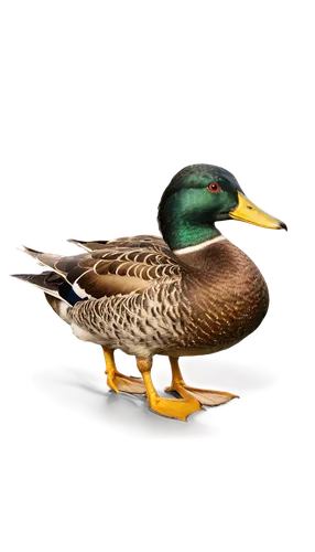 Mallard, green head, yellow bill, brown body, feathers, webbed feet, swimming, rippled water, sunlight reflecting off water, 3/4 composition, shallow depth of field, natural lighting, warm color tone.