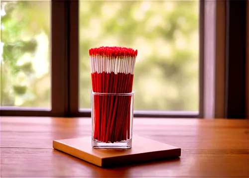 Matches, red tip, white stick, rectangular box, transparent glass window, wooden table, morning light, shallow depth of field, warm color tone, cinematic lighting, close-up shot, 3/4 composition, soft