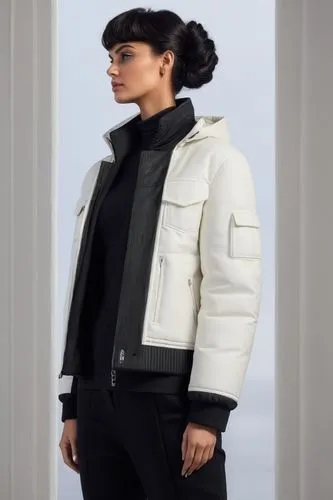 white and black winter jacket,black hair,model,a woman in a white jacket stands by some pillars,manteau,cardi,blouson,imperial coat,outerwear,kaidan,Photography,General,Natural