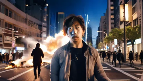 Takuya walks alone, his face illuminated by the city lights. A sudden, loud explosion shakes the street. People scream and run. Takuya looks around in confusion.,a man standing in the middle of an urb