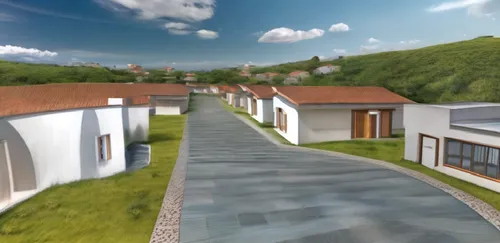 Un leve movimiento que muestre que muestre arquitectonicamente la fachada ,three cottages with a driveway through them near a hill,3d rendering,sketchup,bungalows,ecovillages,townhouses,row of houses